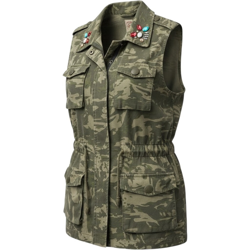 Decree Womens XL Camo Utility Vest Jeweled Collar Cotton Military Green Vest